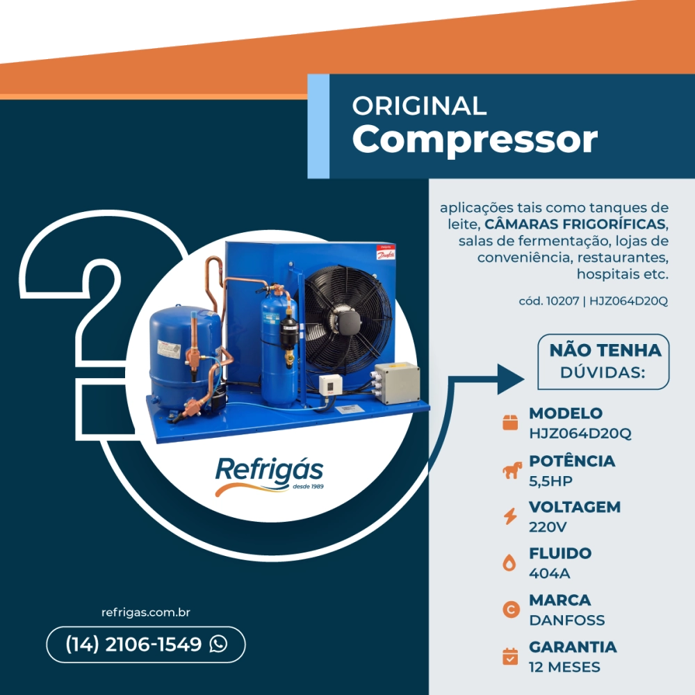 Unidade 5,5 HP HJZ64-3VM R404A 220V Trifásica Danfoss | Refrigás Unidade 5,5 HP HJZ64-3VM R404A 220V Trifásica Danfoss | Refrigás